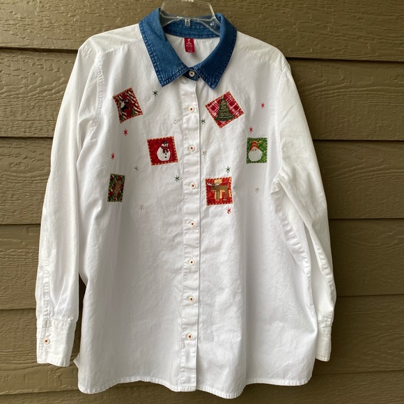 CHRISTMAS PATCHWORK SHIRT Holiday Blouse Women Button-Down 2X Cute - Picture 1 of 16